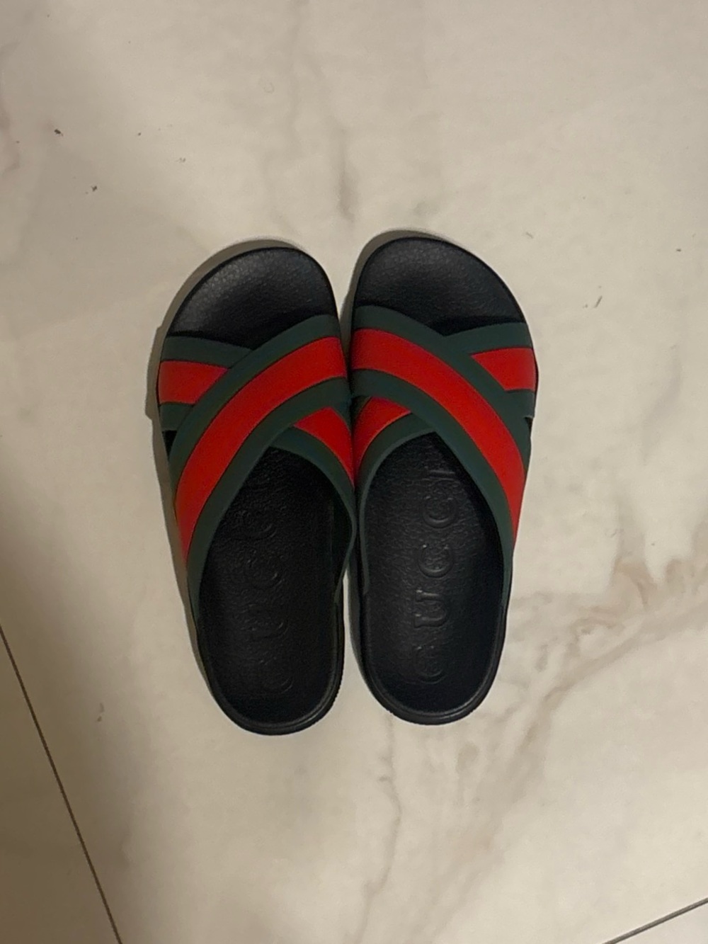 Gucci Black Slides with Green and Red Crossover Straps